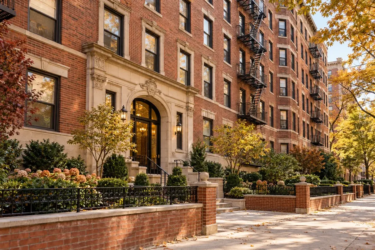 Red brick apartment building with a landscaped entrance