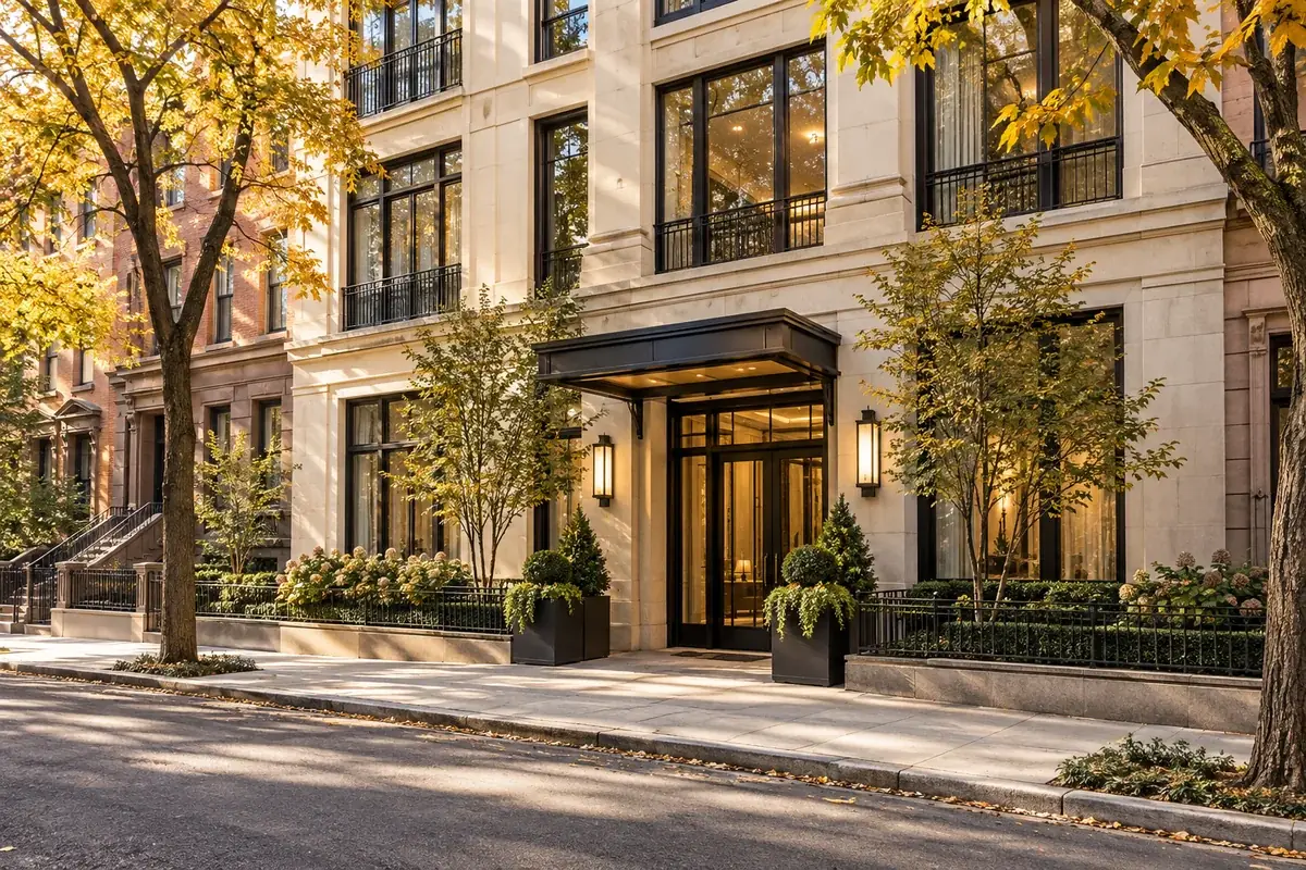 Contemporary condominium building with limestone and glass façades