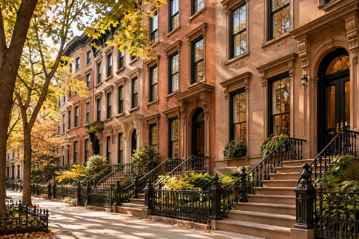 Multifamily brownstones with stoops and black iron railings